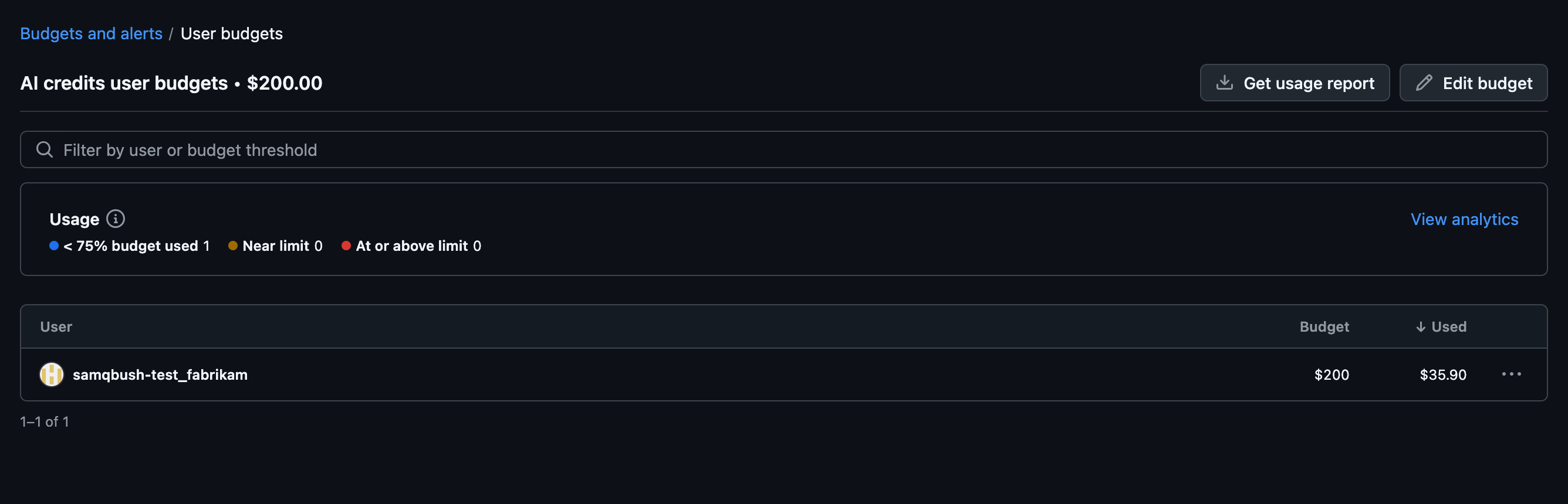 Per-user usage detail for a cost center user-level budget